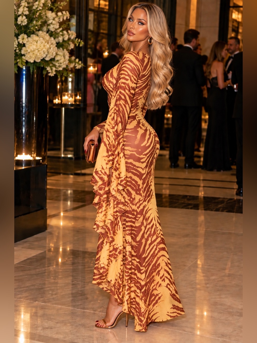 Fashion Nova Yellow and Brown Animal Print Maxi Dress